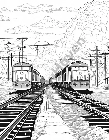 coloring book image of train yard at dawn with steam and reflective puddles in black and white