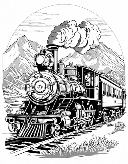 historic transcontinental railroad coloring page featuring a steam-powered train and landscapes in black and white