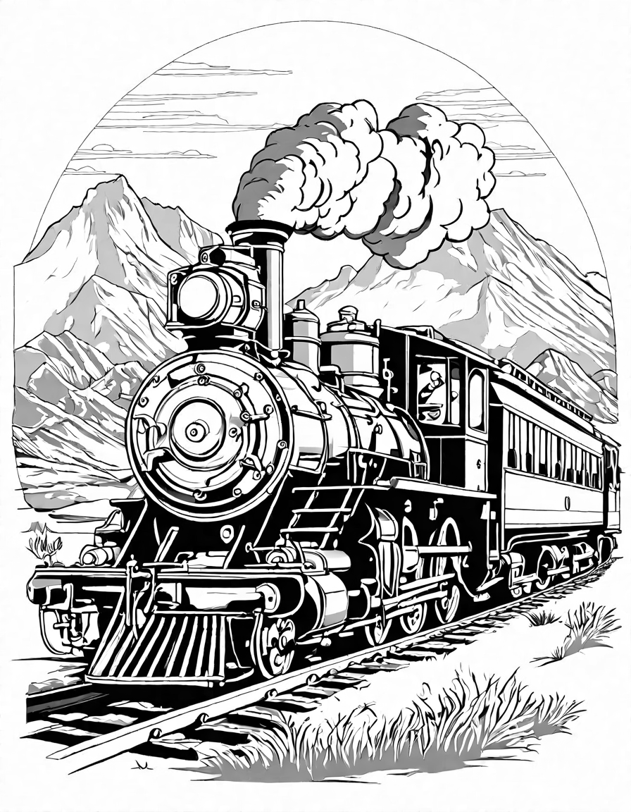 historic transcontinental railroad coloring page featuring a steam-powered train and landscapes in black and white
