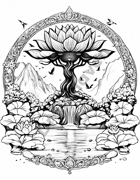 coloring page featuring a majestic tree, balanced stones, flowing stream, lotus flowers, birds in flight symbolizing zen and harmony in black and white