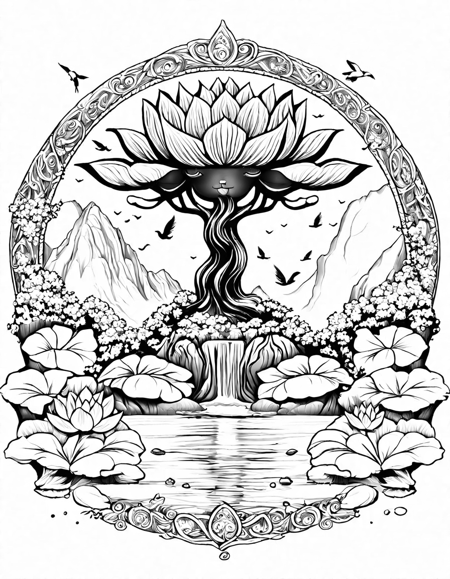 coloring page featuring a majestic tree, balanced stones, flowing stream, lotus flowers, birds in flight symbolizing zen and harmony in black and white