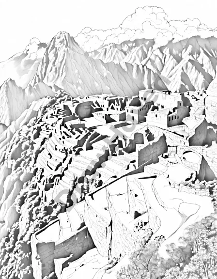 inca civilization: machu picchu coloring page featuring ancient city ruins, terraced fields, andean peaks, and vibrant flora. ideal for history and nature enthusiasts in black and white