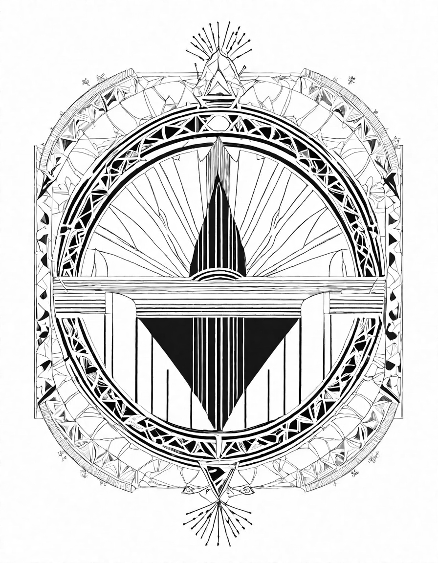 exquisite art deco buildings coloring page, featuring intricate architectural details and patterns for a luxurious 1920s vibe in black and white