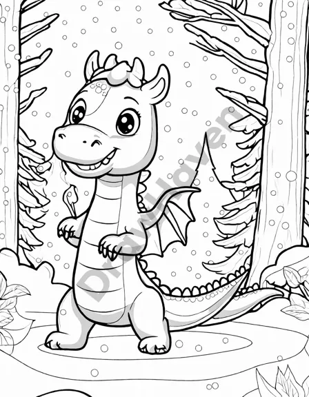 young dragon experiencing its first snowfall in a cozy forest glade coloring page in black and white