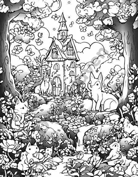 enchanted coloring page with whimsical creatures in a vibrant forest of towering trees and magical flowers in black and white
