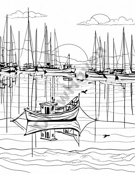 Coloring book image of sunset painting sky in orange, pink, and purple as fishing boats return to harbor in black and white