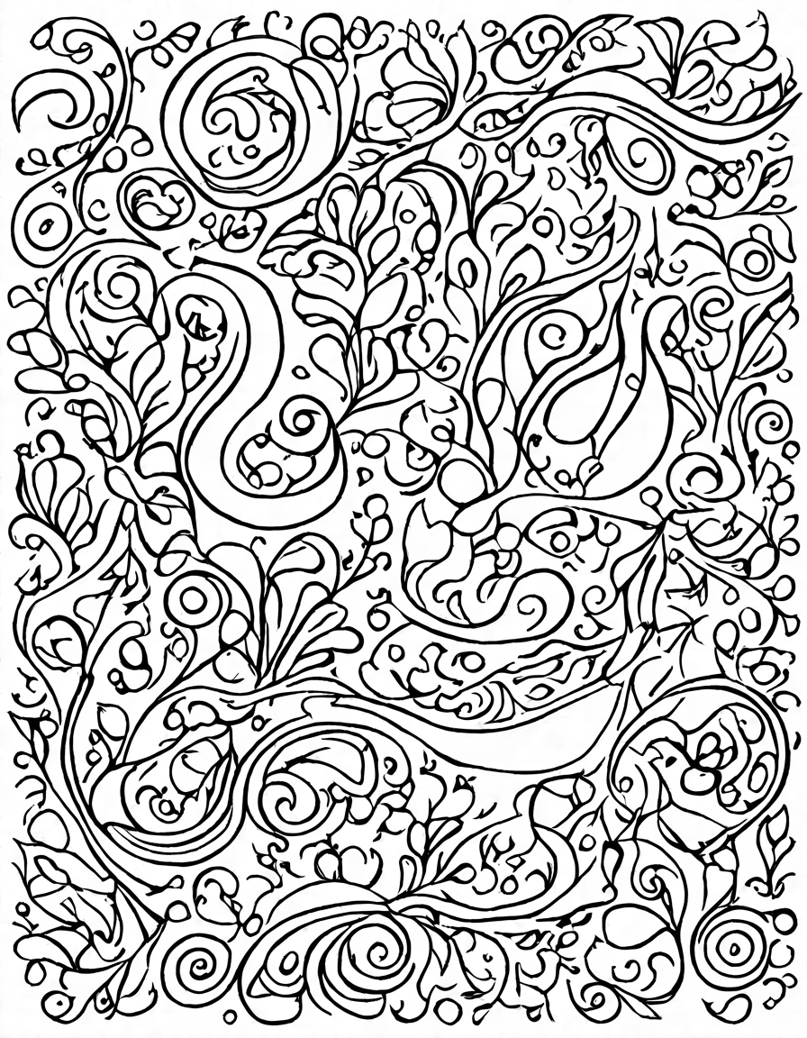 intricate coloring page titled 'sweeping curves of stress relief' with large flowing curves for relaxation and mindfulness in black and white