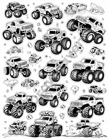 coloring page of monster trucks racing in a mud arena with fans cheering in black and white