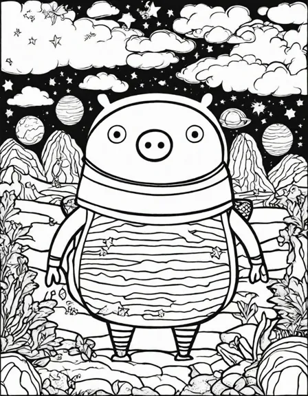 Coloring book image of peppa pig's lunar adventure: exploring craters and alien creatures in black and white