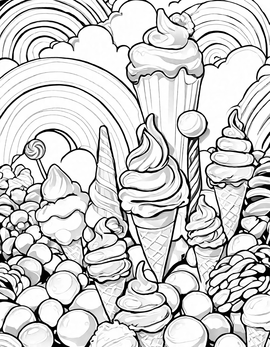 candy treats explosion in candyland extravaganza coloring page: ice cream, lollipops, and candies in vibrant colors in black and white