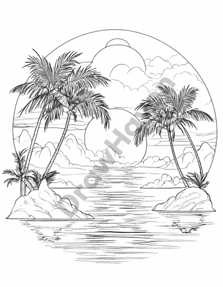 tranquil shores coloring book: paint a serene sunset sky over a peaceful shore with palms and blooming flowers in black and white