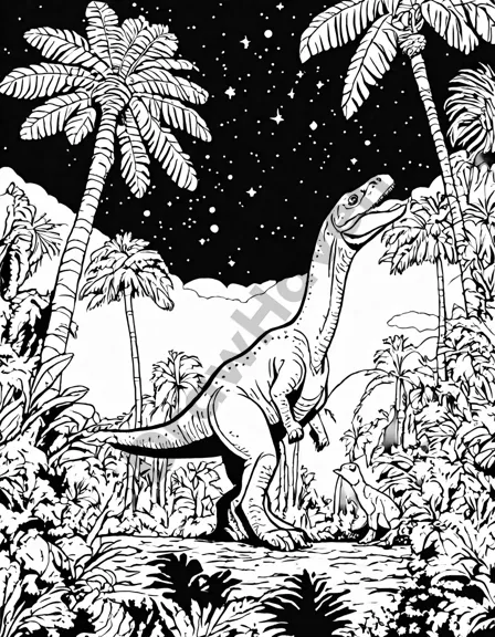 coloring book page featuring dinosaurs watching a meteor shower in a prehistoric landscape in black and white