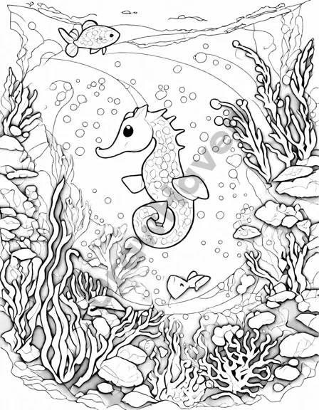 Coloring book image of seahorses and marine life in the colorful seahorse haven underwater oasis in black and white