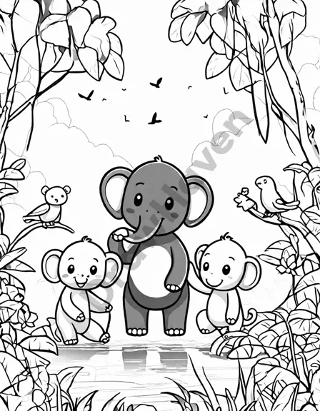 Coloring book image of family of elephants bathing in a jungle river with sunlight filtering through the canopy in black and white
