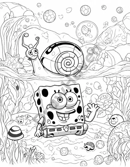whimsical coloring page of gary the snail slithering through an underwater landscape, leaving a trail of bubbles and seashells in black and white