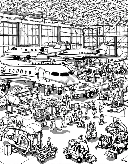 coloring page of airport hangar with mechanics working on various airplanes in black and white