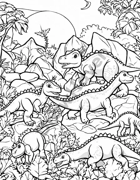 baby dinosaurs play in a prehistoric garden coloring book scene in black and white
