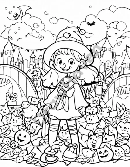 sinister clown in midnight circus coloring book image with eerie full moon and abandoned carnival setting in black and white