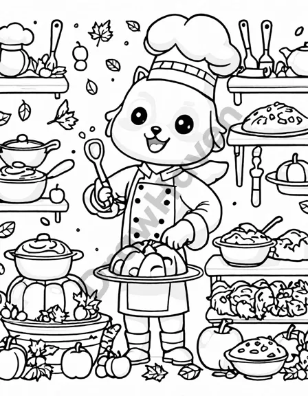 Coloring book image of young chefs baking thanksgiving desserts in a cozy kitchen filled with pies and cookies in black and white