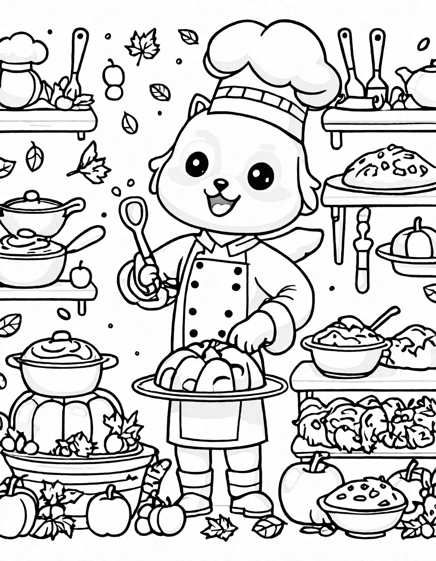 Coloring book image of young chefs baking thanksgiving desserts in a cozy kitchen filled with pies and cookies in black and white