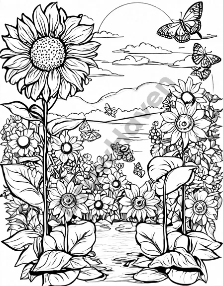 coloring book page of students gardening together, with sunflowers, tomato plants, and a pond in black and white