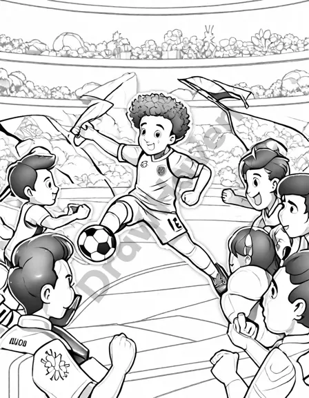 coloring book page of a dramatic soccer match with a forward shooting and a goalie ready to save in black and white