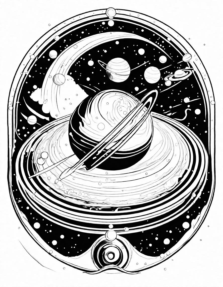 Coloring book image of uranus: tilted planet with vibrant bands and intricate rings in black and white