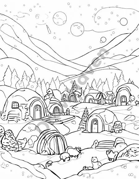 coloring book page of igloo village under arctic dawn in black and white