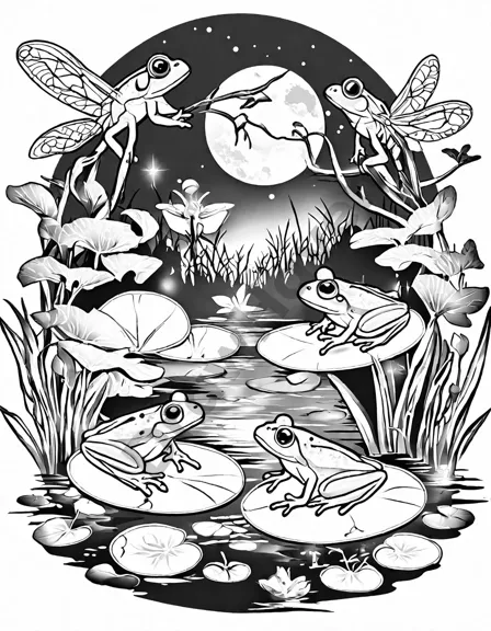 Coloring book image of frog families and tadpoles gather by a pond under the moonlight, preparing for a night chorus in black and white