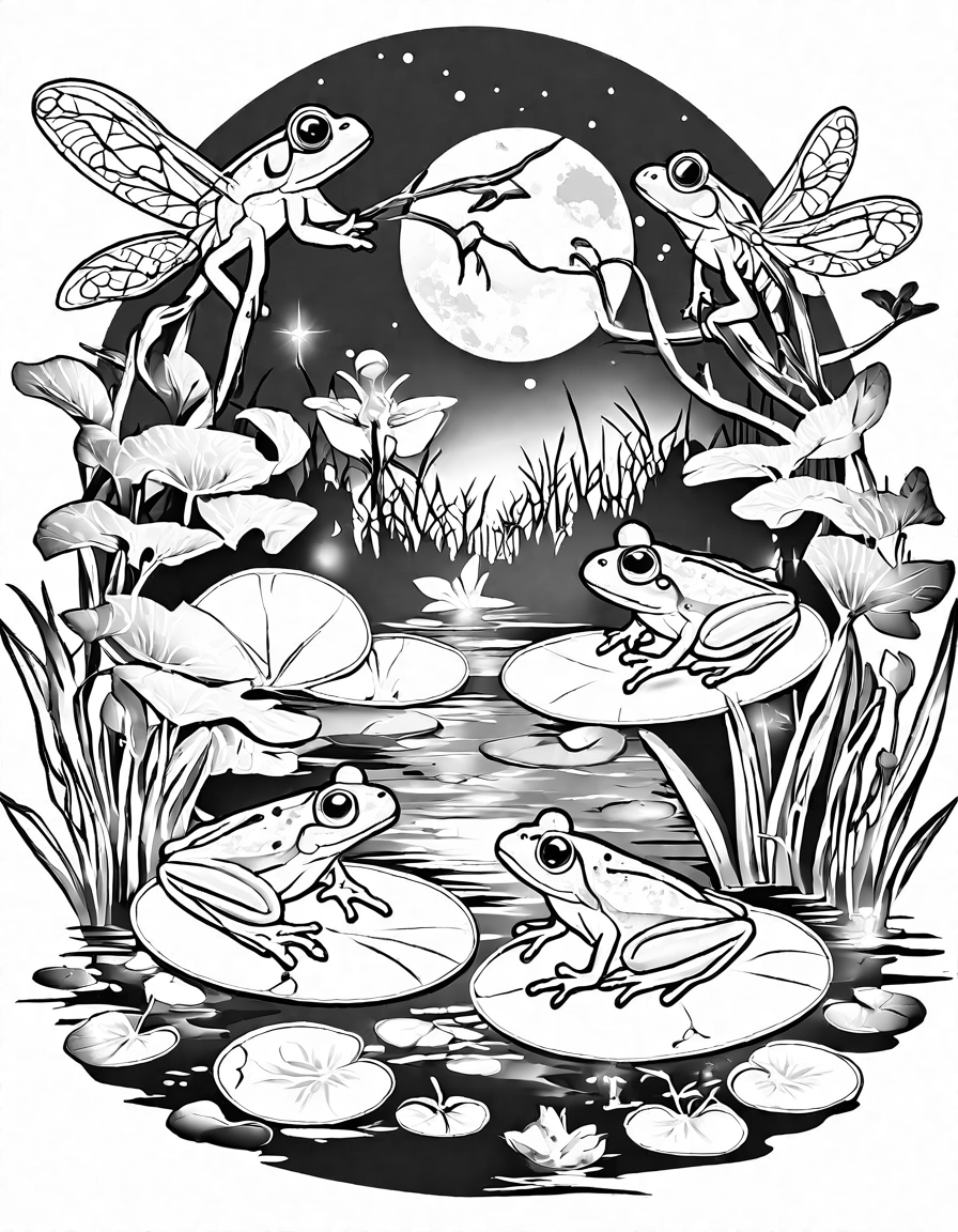Coloring book image of frog families and tadpoles gather by a pond under the moonlight, preparing for a night chorus in black and white