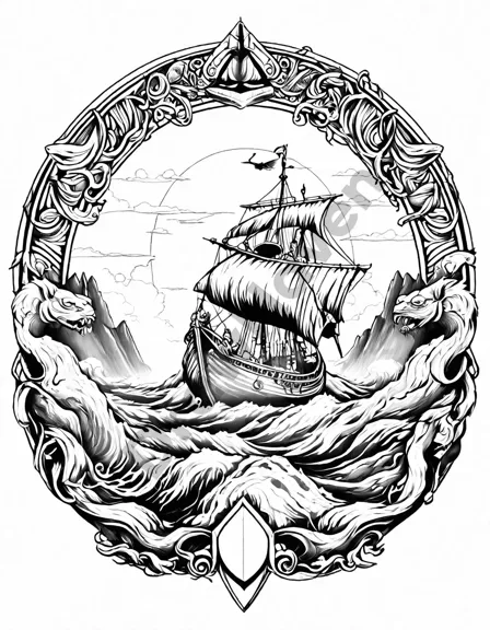 viking longships with detailed dragon heads, warriors, shields, and billowing sails on a north sea voyage coloring page in black and white