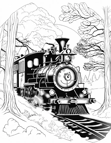 ghost train emerging from forest coloring page with adventurers under a moonlit sky in black and white