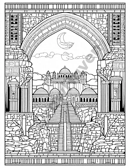 intricately designed coloring page mesopotamian cities by the rivers depicts ancient bustling streets, ziggurats, and marketplaces beside the euphrates and tigris rivers. ideal for history fans and coloring enthusiasts in black and white