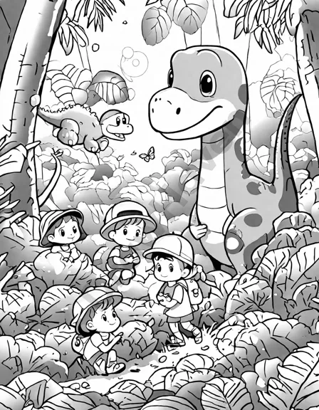 Coloring book image of children discover dinosaur eggs in a jungle with a brachiosaurus watching in black and white