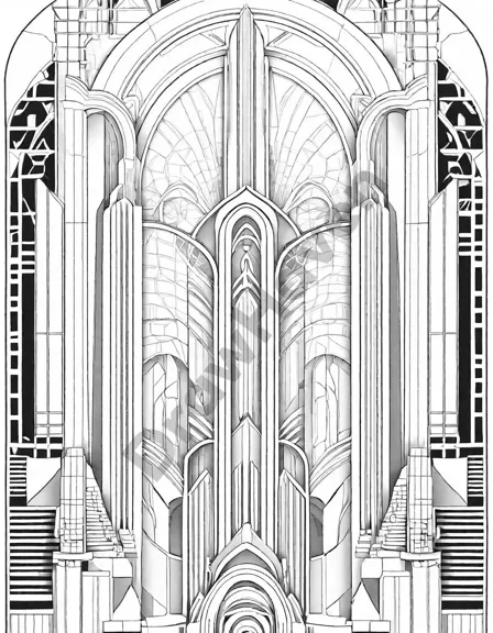 art deco architecture coloring page featuring geometric shapes, bold lines, and intricate designs in black and white