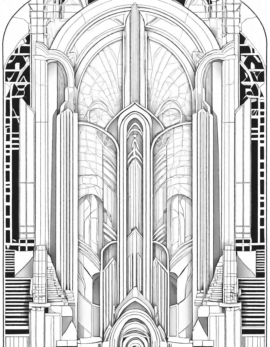 art deco architecture coloring page featuring geometric shapes, bold lines, and intricate designs in black and white