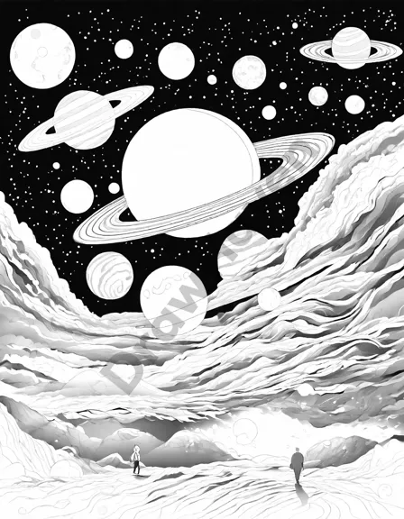 Coloring book image of illustration of space explorers navigating storms on jupiter and saturn's rings in voyage to the outer planets book in black and white