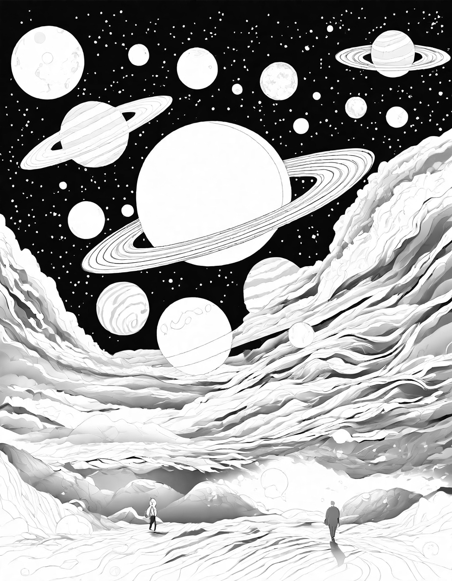 Coloring book image of illustration of space explorers navigating storms on jupiter and saturn's rings in voyage to the outer planets book in black and white