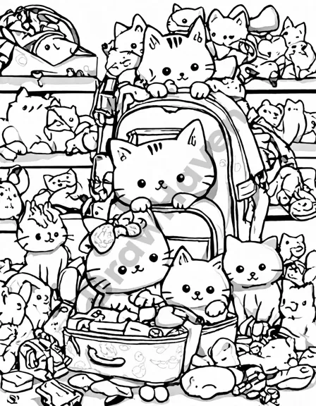 Coloring book image of pet carriers and accessories in vibrant colors, leashes, collars, and toys enhance pet shop adventure in black and white