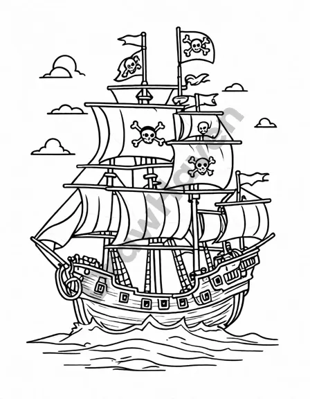 detailed pirate ship coloring page with jolly roger flag and hidden treasures in black and white