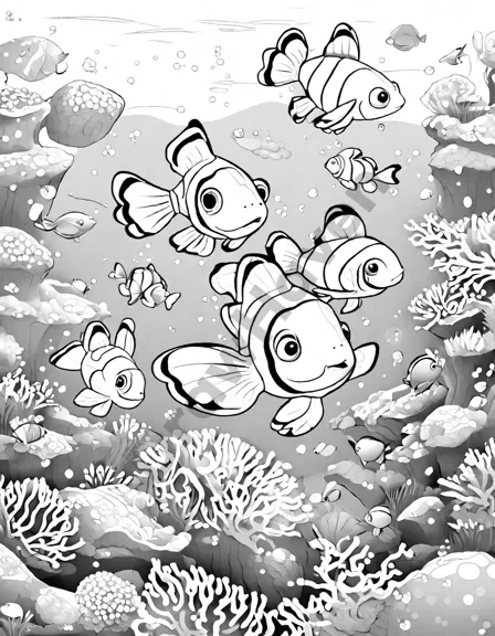 enchanting underwater coloring book featuring clownfish darting among coral reefs, a gliding sea turtle, and a mischievous octopus peeking out of hiding in black and white