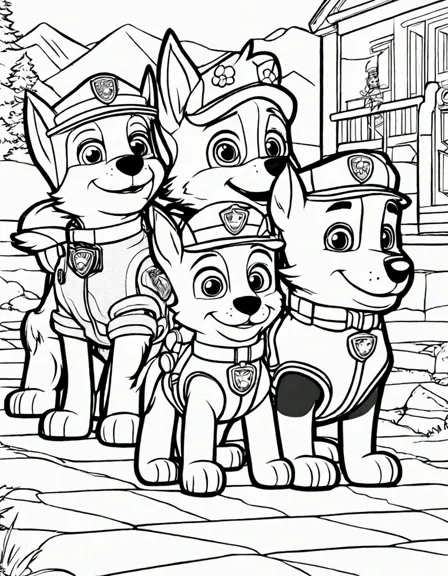 Coloring book image of paw patrol pups colorfully embark on exciting rescue missions in black and white