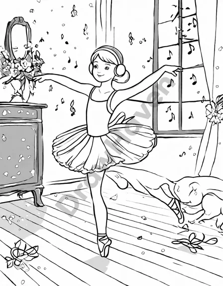 coloring page featuring pointe shoes, stardust trail, and ballet symbols on a wooden floor in black and white