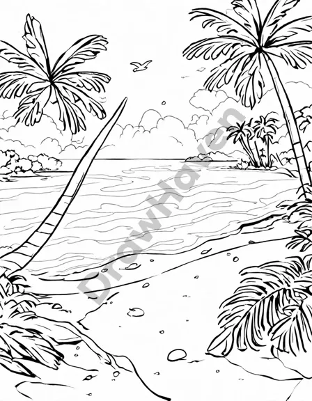 coloring book page of a tranquil tropical beach with palm trees and clear ocean waters in black and white