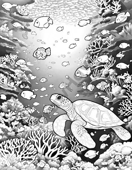 coloring page of great barrier reef with vibrant corals, playful fish, and a tranquil turtle, perfect for ocean lovers in black and white