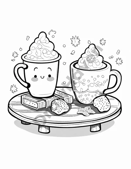 coloring page of hot cocoa by a fireplace with woolen socks and festive decorations in black and white