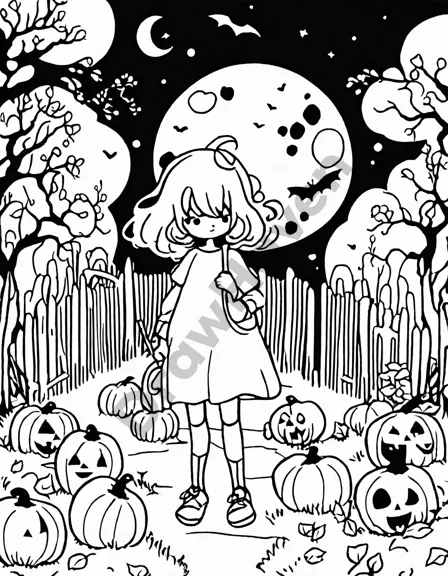 halloween coloring page featuring a mystical pumpkin patch and haunted mansion under moonlight in black and white