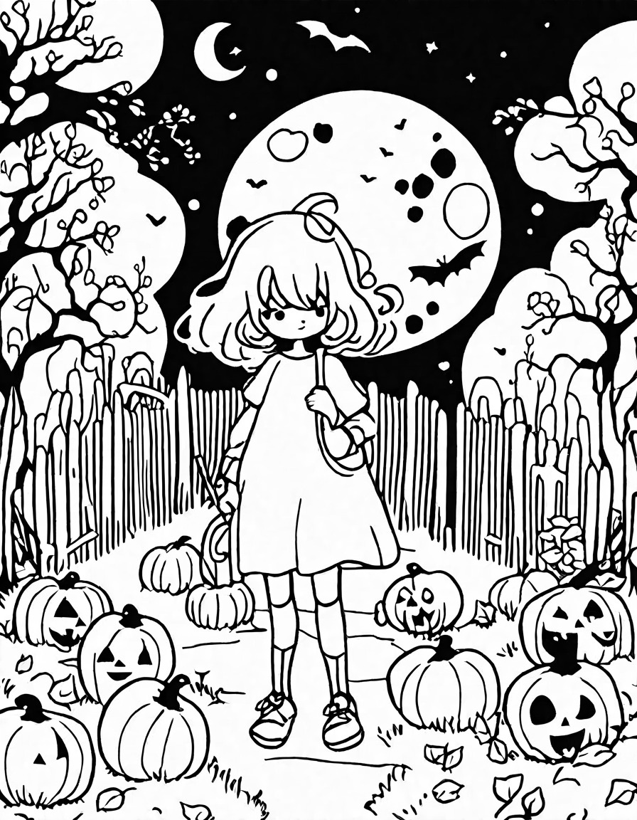 halloween coloring page featuring a mystical pumpkin patch and haunted mansion under moonlight in black and white