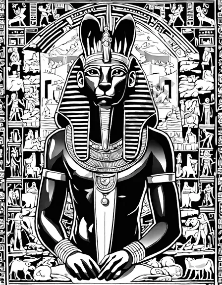 ancient egyptian coloring page featuring hieroglyphics and pharaoh's tomb for history and art enthusiasts in black and white