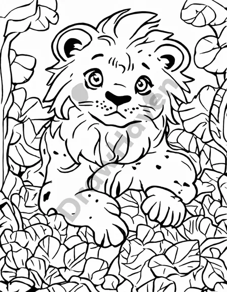 Coloring book image of majestic roaring lion in savanna, intricate fur and muscle details in black and white